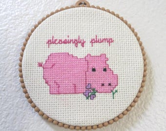 Vintage 1980s Finished Cross Stitch "Pleasingly Plump" Hippopotamus Cursive Decorative Built-in Hanger Felt Finish