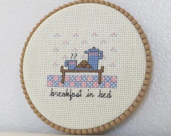 Vintage 'Breakfast in Bed' Cursive Cross Stitch in Decorative Frame with Hanger