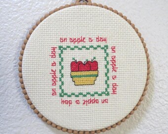 Vintage 1980s Finished Cross Stitch "An Apple A Day" Cursive Decorative Frame Built-in Hanger Felt Finish
