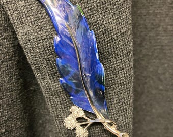 Midcentury Modern Blue and Green Enamel Silver-Tone Leaf Brooch Pin