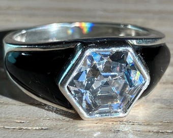 Vintage Sterling Silver Solitaire Hexagonal Clear Cut Stone and Black Onyx Ring, Size 6.5