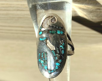 Vintage 1960s Sterling Silver Chip Inlay Turquoise Oval Ring Southwestern Water Bird