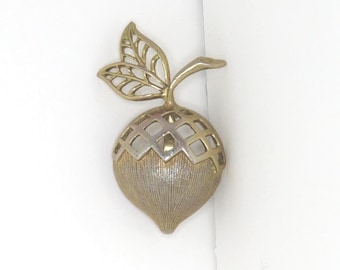 Midcentury Gold-tone Acorn Brooch, Leaves Stem, Textured Geometric Design