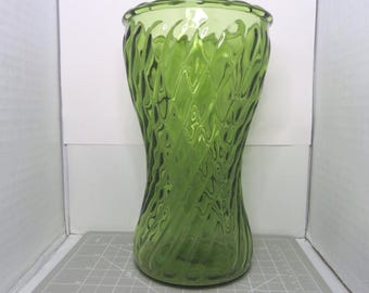 Vintage MCM Avocado Green Glass Vase, Diamond Swirl, Hourglass