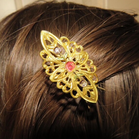 Antique Gold Tone Filigree Hair Accessory Barrette Ornate Metal Edwardian READ 1900 main image 3