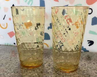 Vintage Ribbed Glass Tumblers, Anchor Hocking Jubilee Pattern, Honey Gold, 8oz, Set of 2