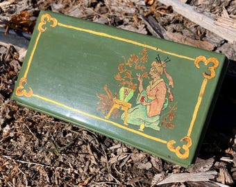 Vintage Chinoiserie Tin Box with Lid, Hand-painted Green Gilded Design