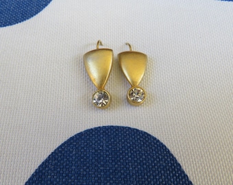 1990s Costume Jewelry The Limited Brand Brushed Gold Tone Drop Earrings with Crystal Accent