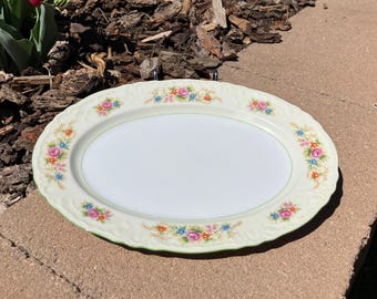 Vintage Embassy China of Japan Oval Platter, Floral Bouquet with Green Ribbon Accents