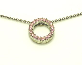 1980s Avon Silver Plated SP Eternity Circle Necklace, Pave Pink Stones, 16 inches