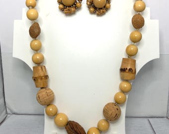 Vintage Boho Beaded Necklace Earrings Made in Japan, Natural Materials