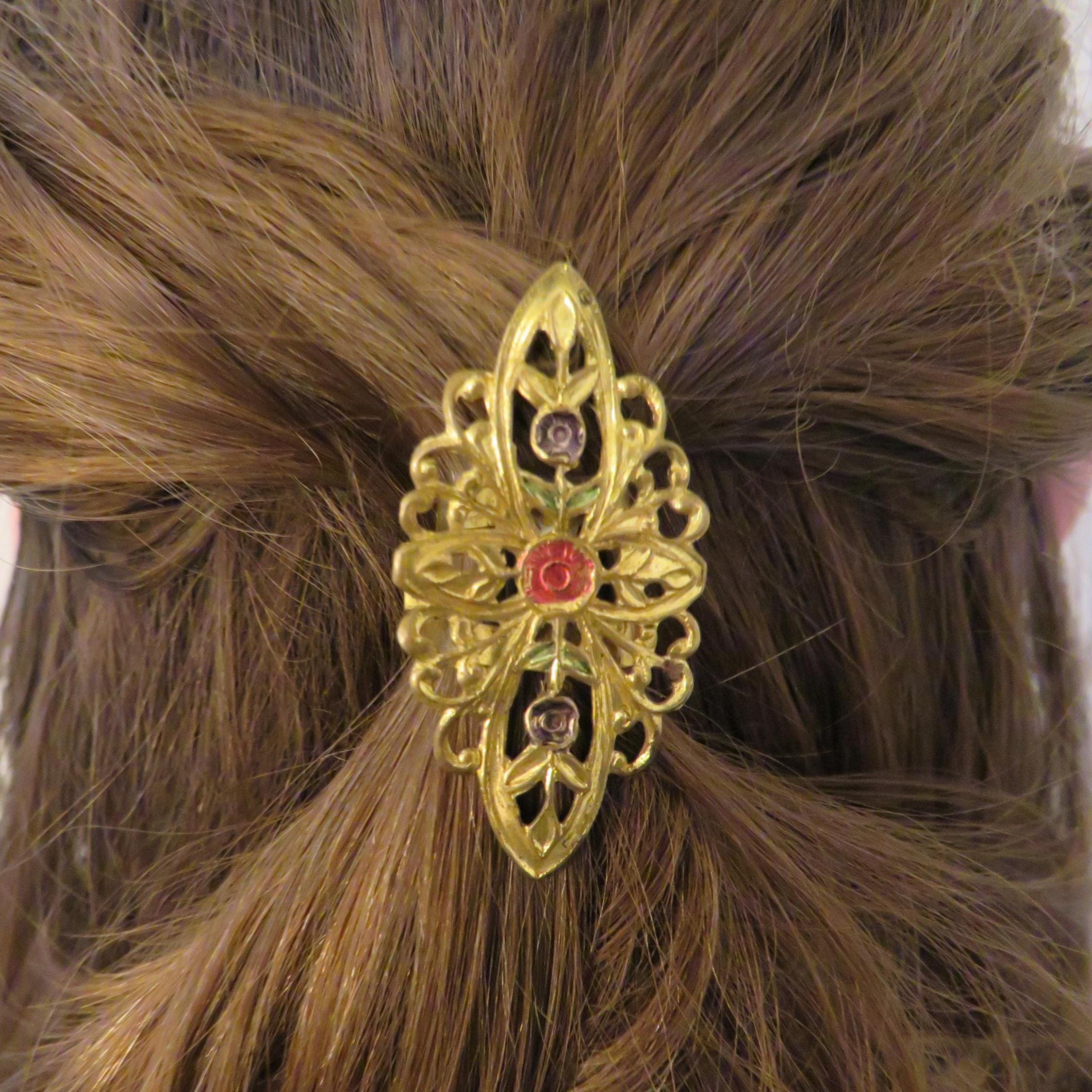 Antique Gold Tone Filigree Hair Clip, Floral Barrette, Red  display picture 3