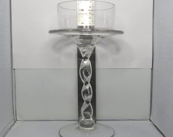 Midcentury Handblown Glass Pillar 3" Candle Holder, Clear Twisted Stem, Sold Individually