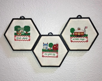 Vintage Set, Cursive Country Simple Life Cross Stitch, Custom Black Frames