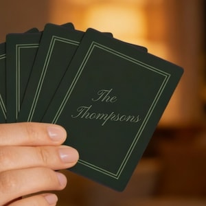 Wedding Favor Playing Cards Custom Deck Design Premium Cardstock Collection Personalized Poker Set Elegant Style Gift Dark Green Background Beautiful Border Pattern Luxury Present Acrylic Display Case Standard Size Cards Perfect Keepsake