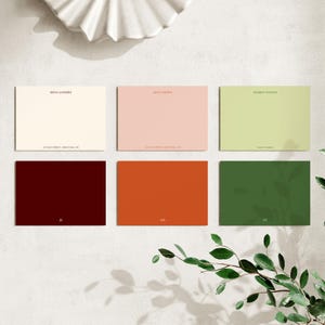 Personalized flat notecard color options image showing custom stationery color palette for notecard backs. Displays multiple color swatches for personalized stationery set, custom flat notecards, and elegant writing paper. Ideal for wedding thank you cards, personalized correspondence cards, minimalist stationery sets, business branding notecards, custom name stationery, premium paper goods, and monogram notecard collections. Only notecards are customizable, envelopes are plain white.