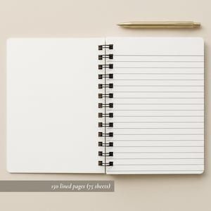 Open spiral notebook close-up showing black metal spiral, lined paper, and 150 high-quality 90gsm pages. Perfect for writing, planning, and journaling. Durable and elegant notebook construction ideal for everyday office use, branding, and gifts. Great personalized business notebook for employees, students, or creative professionals. Premium-quality pages prevent ink bleed for smooth writing experience.