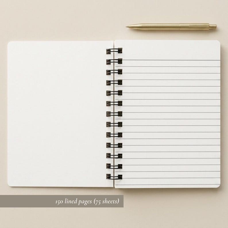 Open spiral notebook close-up showing black metal spiral, lined paper, and 150 high-quality 90gsm pages. Perfect for writing, planning, and journaling. Durable and elegant notebook construction ideal for everyday office use, branding, and gifts. Great personalized business notebook for employees, students, or creative professionals. Premium-quality pages prevent ink bleed for smooth writing experience.