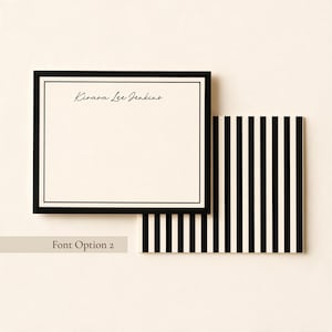 Personalized black bordered notecard with full name in elegant script font, paired with a matching black and white striped envelope liner.

Personalized script name notecard, black and white striped stationery set, custom full name notecard design, modern black bordered flat card, striped envelope liner set