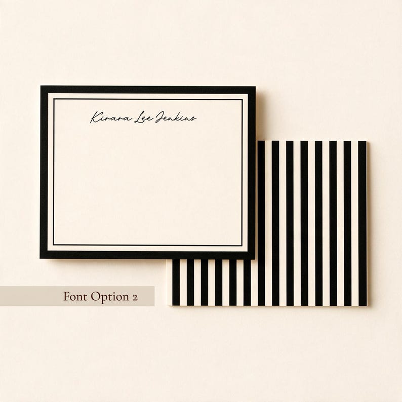 Personalized black bordered notecard with full name in elegant script font, paired with a matching black and white striped envelope liner.

Personalized script name notecard, black and white striped stationery set, custom full name notecard design, modern black bordered flat card, striped envelope liner set