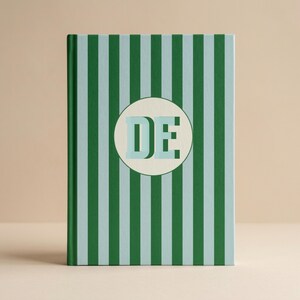 Professional Notebook Journal Personalized Initial Design Custom Monogram Detail Quality Lined Pages Perforated Edge Feature Standard Size Format Durable Cover Construction Elegant Striped Pattern Colorful Writing Surface Daily Planning