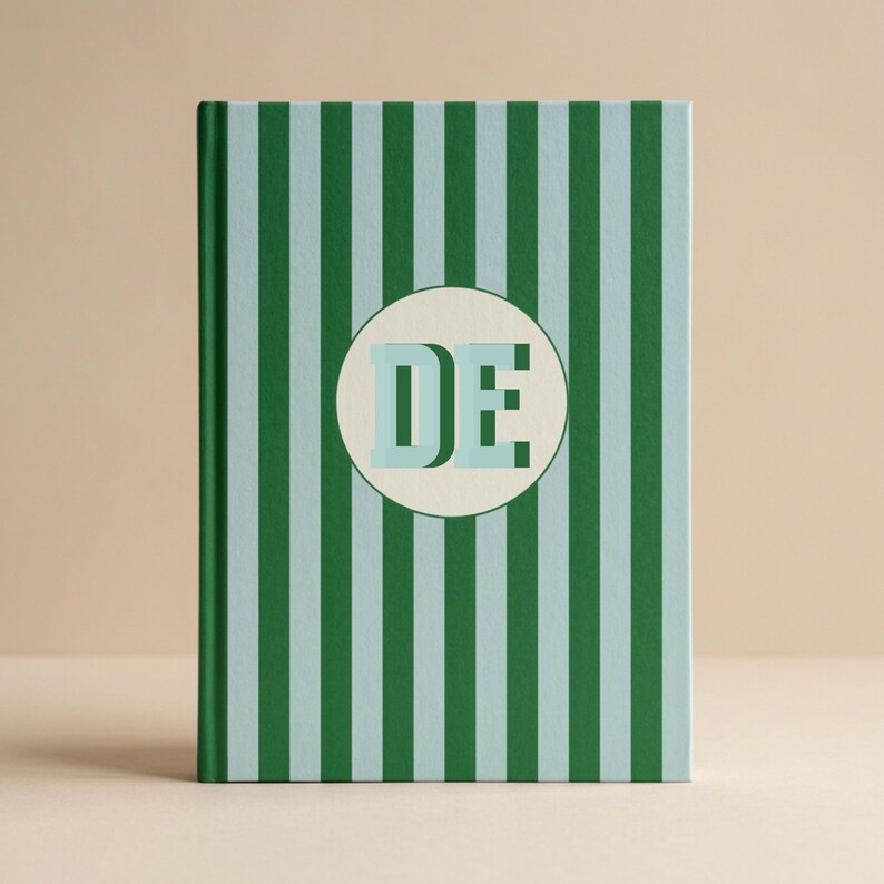 Professional Notebook Journal Personalized Initial Design Custom Monogram Detail Quality Lined Pages Perforated Edge Feature Standard Size Format Durable Cover Construction Elegant Striped Pattern Colorful Writing Surface Daily Planning