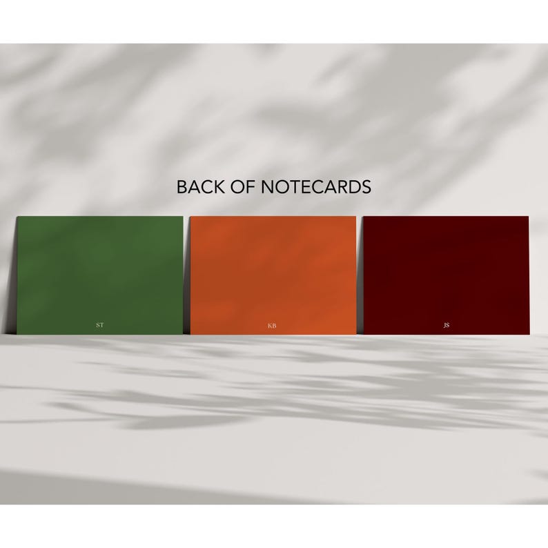 Back side color options for personalized flat note cards displayed in a clean marble style mockup, customizable envelope and card backing choices in sage green, warm orange, and deep burgundy, stationery color swatch preview, custom paper goods palette selection, modern correspondence set design options, wedding thank you card color choices, personalized notecard back view, elegant stationery customization guide for Etsy shoppers