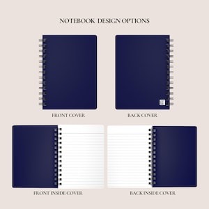 May include: A navy blue spiral-bound notebook shown from four perspectives: the solid front cover, the back cover with a small square label, the front inside cover with lined pages, and the back inside cover with lined pages. Text reads NOTEBOOK DESIGN OPTIONS.