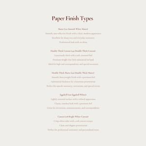 Stationery paper finish comparison guide showing available cardstock options, premium paper texture details, matte and smooth finish information, custom note card material selection chart, luxury stationery quality guide, paper stock comparison for personalized correspondence cards, writing surface description sheet, print finish options for custom paper goods, stationery material FAQ image for Etsy listing