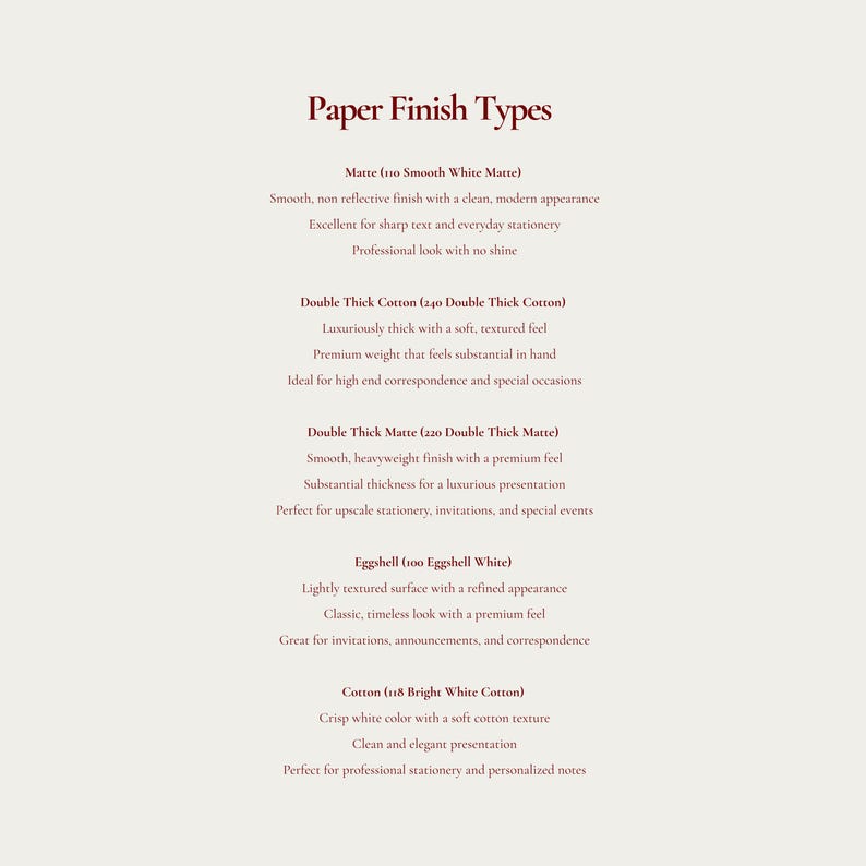 Stationery paper finish comparison guide showing available cardstock options, premium paper texture details, matte and smooth finish information, custom note card material selection chart, luxury stationery quality guide, paper stock comparison for personalized correspondence cards, writing surface description sheet, print finish options for custom paper goods, stationery material FAQ image for Etsy listing