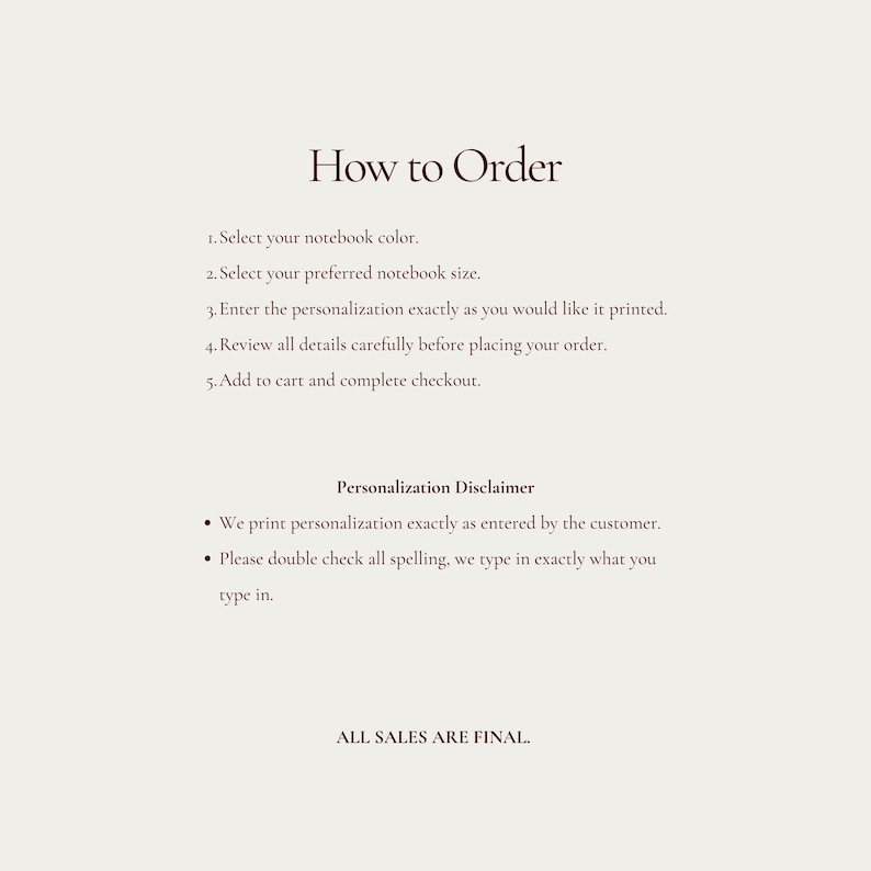 Step-by-step guide for ordering personalized hardcover notebook, instructions include selecting color, entering custom name or text, choosing quantity, and adding to cart, visual how-to for customizing stationery gifts, easy ordering process for school or office supplies, helpful guide for buyers personalizing journals or planners.