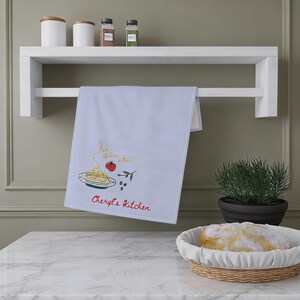 Mediterranean Style Towel Personalized Kitchen Textile Italian Design Elements Custom Embroidery Feature Pasta Illustration Artwork Cotton Polyester Construction Durable Fabric Quality Efficient Drying Material Decorative Cooking Accessory
