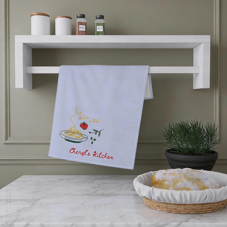 Mediterranean Style Towel Personalized Kitchen Textile Italian Design Elements Custom Embroidery Feature Pasta Illustration Artwork Cotton Polyester Construction Durable Fabric Quality Efficient Drying Material Decorative Cooking Accessory