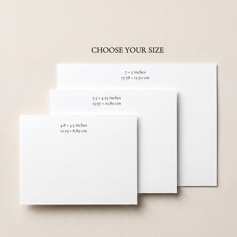 May include: Three cream-colored rectangular cards of varying sizes, each with a delicate floral design in the corners and a thin border. The largest card is 7 x 5 inches, the middle card is 5.5 x 4.25 inches, and the smallest is 4.8 x 3.5 inches.