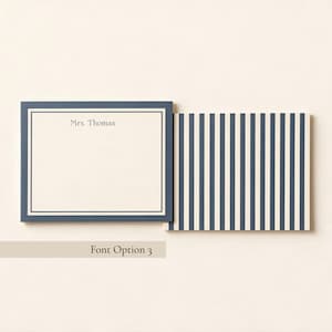 Personalized navy bordered notecard with "Mrs. Thomas" in classic serif font, paired with a matching navy and cream striped envelope liner.

Personalized Mrs. name notecard, navy bordered stationery set, bridal shower gift notecard, classic serif personalized card, navy striped envelope liner