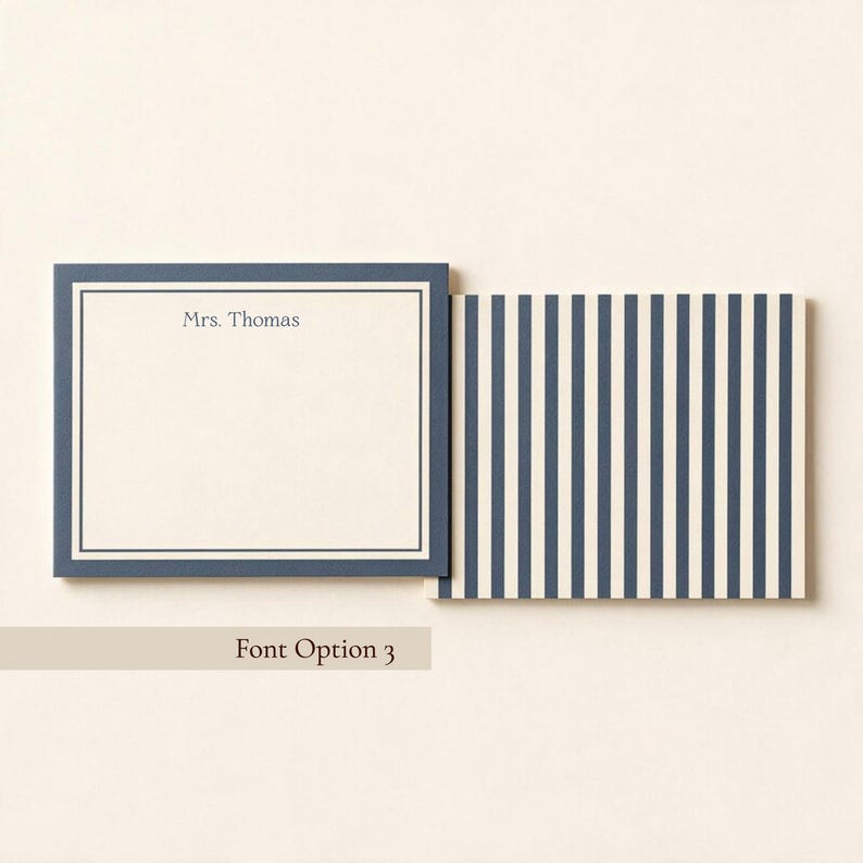 Personalized navy bordered notecard with "Mrs. Thomas" in classic serif font, paired with a matching navy and cream striped envelope liner.

Personalized Mrs. name notecard, navy bordered stationery set, bridal shower gift notecard, classic serif personalized card, navy striped envelope liner
