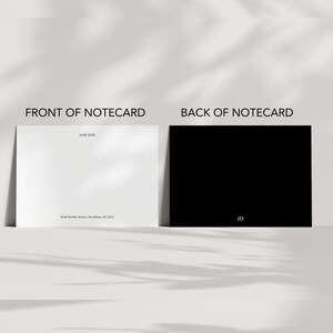 Front and back view of personalized flat note card shown in an elegant black and white stationery mockup, customizable notecard design preview, modern monochrome writing set, luxury correspondence card sample, minimalist paper goods display, professional thank you note design, sleek desk stationery aesthetic, custom stationery front and reverse layout, premium note card color option guide for Etsy listing