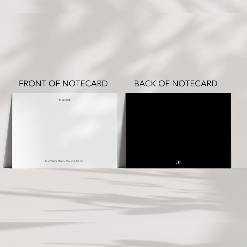 Front and back view of personalized flat note card shown in an elegant black and white stationery mockup, customizable notecard design preview, modern monochrome writing set, luxury correspondence card sample, minimalist paper goods display, professional thank you note design, sleek desk stationery aesthetic, custom stationery front and reverse layout, premium note card color option guide for Etsy listing