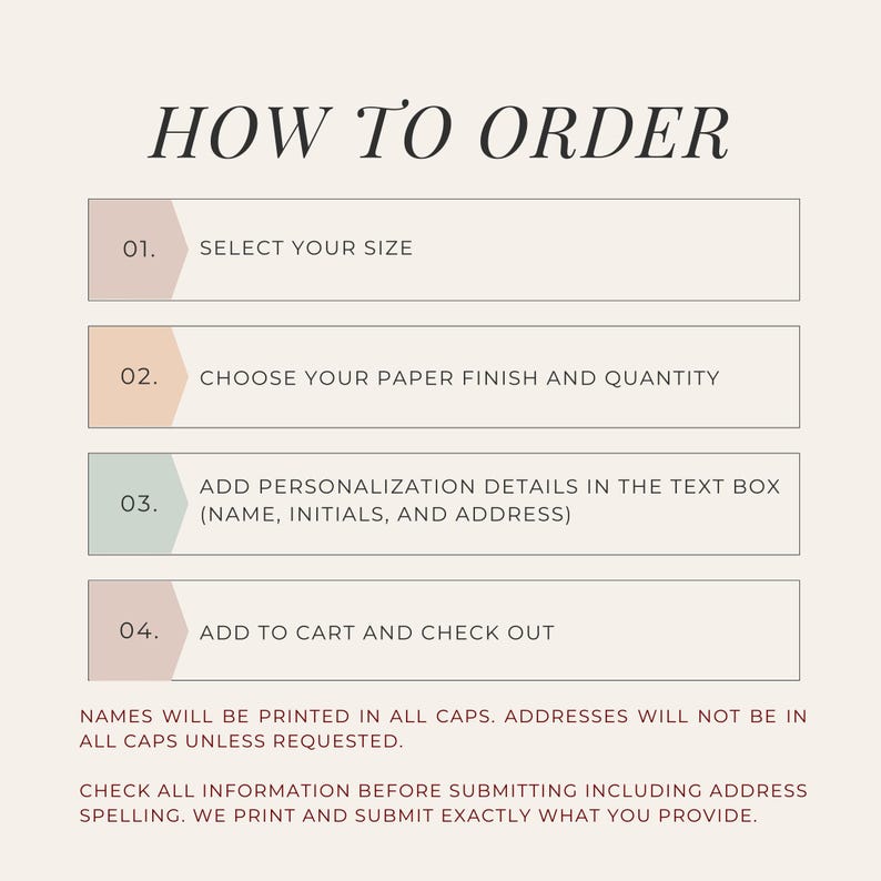 How to order guide image for personalized flat notecard stationery set explaining the simple ordering process. Step by step instructions show how to select size, paper finish, color option, and enter personalization details. Designed to help buyers order custom flat notecards, personalized stationery sets, wedding thank you cards, minimalist correspondence cards, business branding stationery, monogram notecards, elegant writing paper, and premium paper goods.