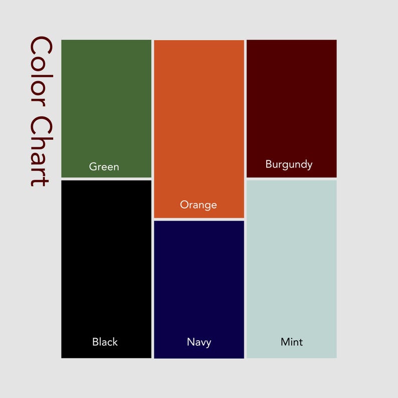 May include: A graphic showcasing a palette of colors, including olive green, light purple, blue, black, orange, light blue, mint green, custom color, burgundy, dark gray, and navy blue. Text reads "OUR BEST SELLING COLORS" and "NEED A DIFFERENT COLOR? LET US KNOW."