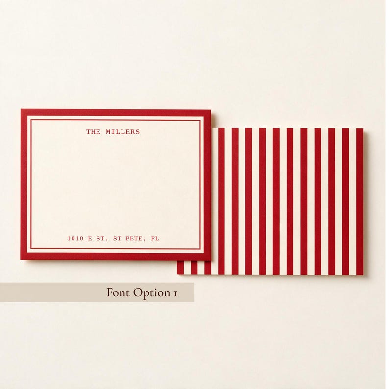 Personalized red bordered notecard with family name and address in typewriter style font, paired with a matching red and white striped envelope liner.

Personalized family notecard with address, red bordered stationery set, typewriter font notecard design, red striped envelope liner, custom family name stationery
