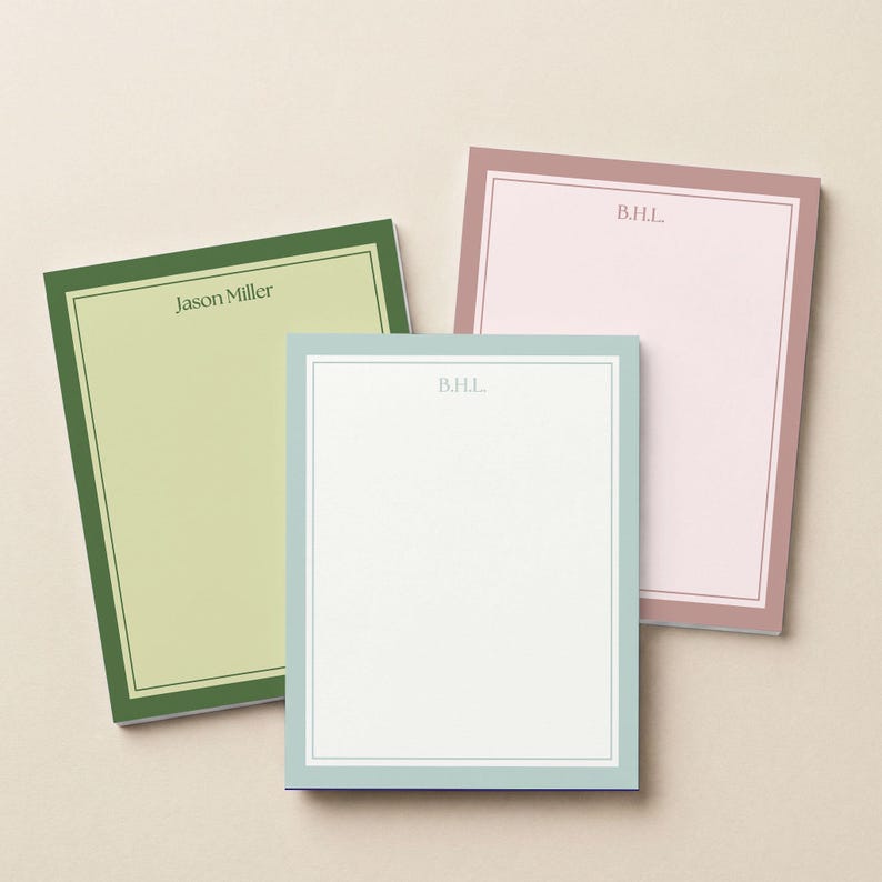 Monogram Notepad Set Custom Initial Personalized Stationery Gift Desk Accessory Office Organization Writing Pad Pink Paper Professional Use Daily Notes Tear Away Pages Border Design Elegant Style Teacher Gift Colleague Present Practical