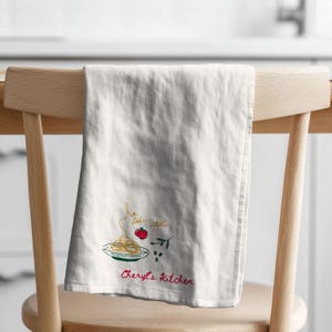 Culinary Enthusiast Gift Personalized Kitchen Towel Mediterranean Style Design Italian Cooking Accessory Custom Embroidery Feature Pasta Illustration Artwork Durable Cotton Polyester Construction Decorative Kitchen Textile Perfect Hostess