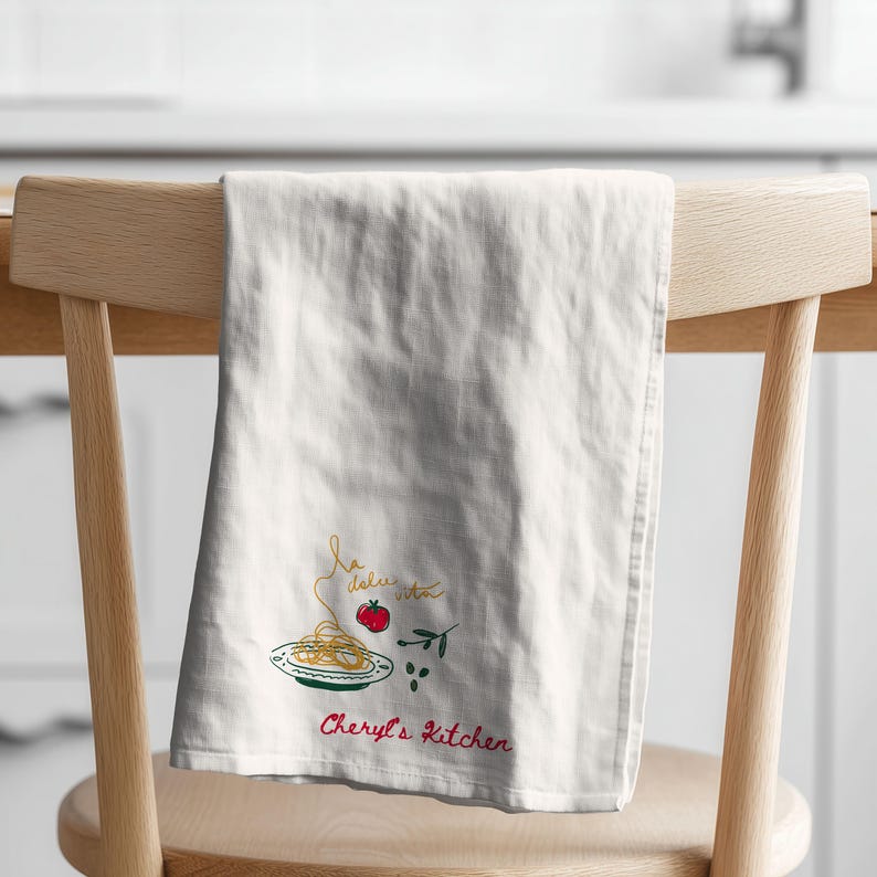 Culinary Enthusiast Gift Personalized Kitchen Towel Mediterranean Style Design Italian Cooking Accessory Custom Embroidery Feature Pasta Illustration Artwork Durable Cotton Polyester Construction Decorative Kitchen Textile Perfect Hostess