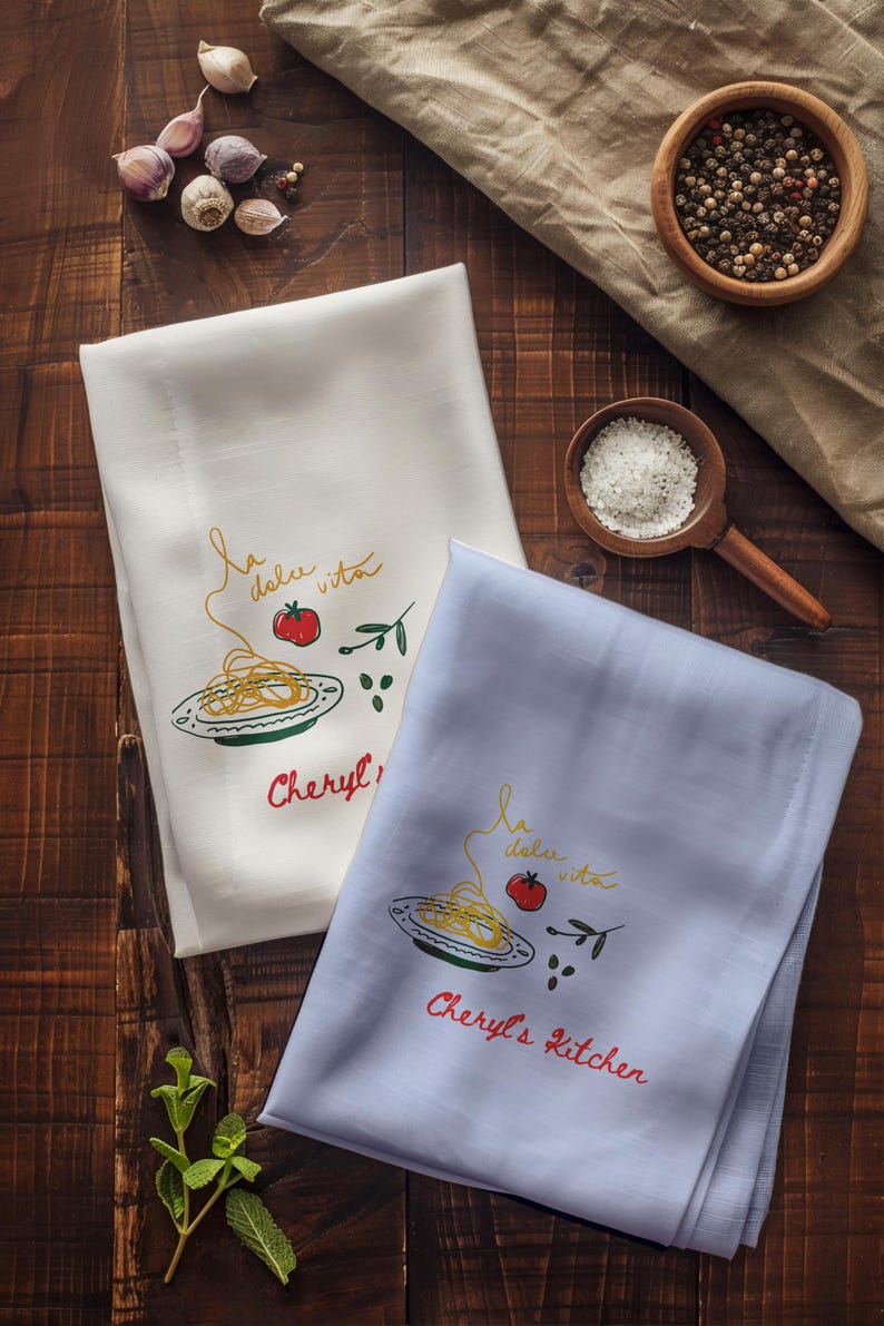 personalized kitchen towel, towel italian design, design pasta illustration, illustration custom embroidery, embroidery mediterranean style, style cooking accessory, accessory decorative textile, textile housewarming gift, gift culinary enthusiast, enthusiast kitchen decor, decor hostess present, present chef keepsake