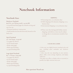 May include: A navy blue hardcover notebook with dimensions displayed. The notebook is 8.07 inches high and 5.71 inches wide. The image includes the text "Notebook Size Chart" and details about the notebook's features and materials.