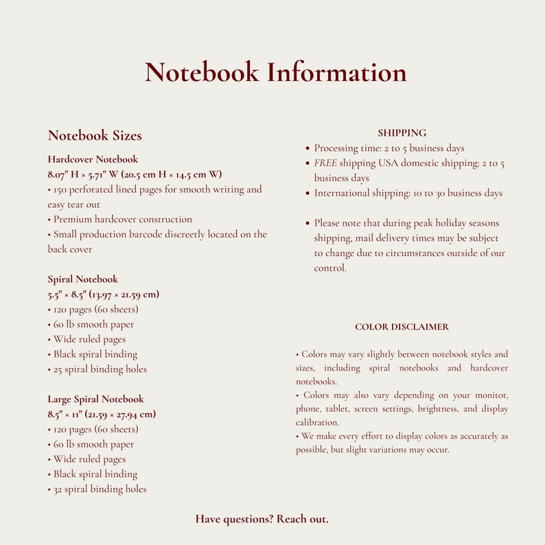 May include: A navy blue hardcover notebook with dimensions displayed. The notebook is 8.07 inches high and 5.71 inches wide. The image includes the text "Notebook Size Chart" and details about the notebook's features and materials.