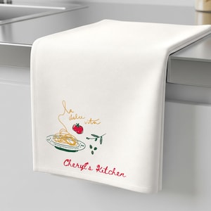 Italian Kitchen Accessory Personalized Towel Design Custom Embroidery Feature Mediterranean Style Textile Pasta Illustration Artwork Durable Cotton Polyester Blend Practical Cooking Helper Decorative Kitchen Element Perfect Hostess Gift
