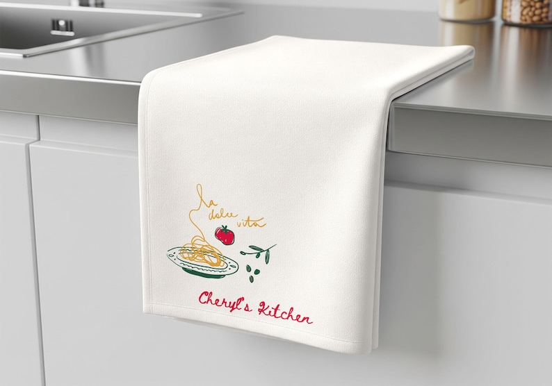 Italian Kitchen Accessory Personalized Towel Design Custom Embroidery Feature Mediterranean Style Textile Pasta Illustration Artwork Durable Cotton Polyester Blend Practical Cooking Helper Decorative Kitchen Element Perfect Hostess Gift