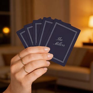 Custom Card Deck Personalized Playing Cards Family Name Feature Premium Quality Design Dark Green Background Elegant Border Pattern Standard Poker Size Perfect Gift Idea Acrylic Display Case Beautiful Presentation Wedding Favor Option